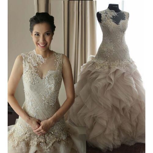 Real Sample Romantic A-Line See Through Scoop Beading Long Ivory Ruffles Sexy Lace Wedding Dress 2016 Vestido De Casamento