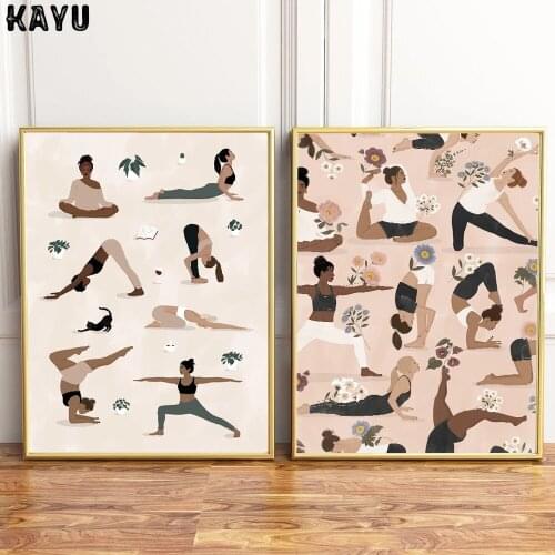 Retro Exercise Gym Yoga Chart Pose Health Wall Art Nordic Canvas Painting Posters Prints Yogis Flowers Girl Pictures Home Decor