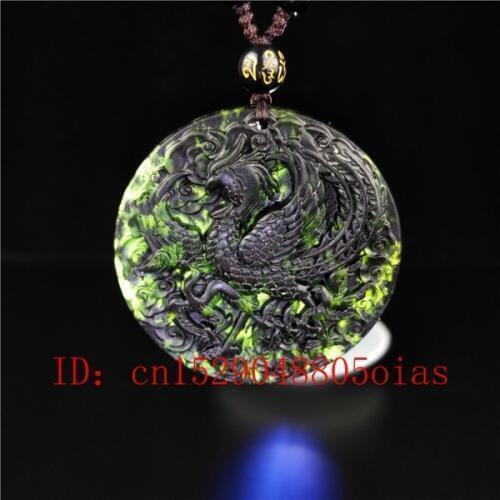 Certified Chinese Natural Black Green Jade Phoenix Pendant Necklace Obsidian Charm Jewelry Carved Amulet Gifts for Women