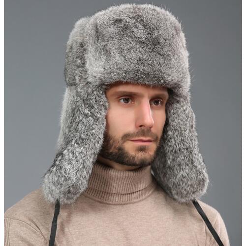 Rabbit Fur Earflat Hat for Men Winter Women Russian Beanie Warm Bomber Hat