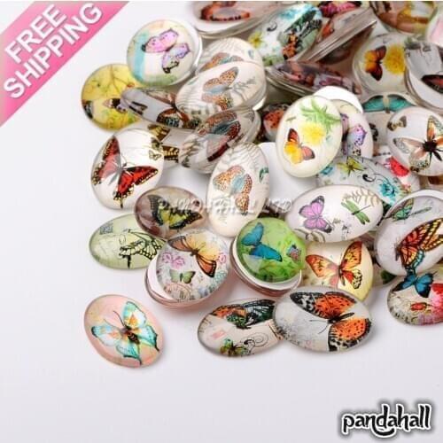 Butterfly Printed Glass Oval Cabochons, Mixed Color, 18x13x4mm