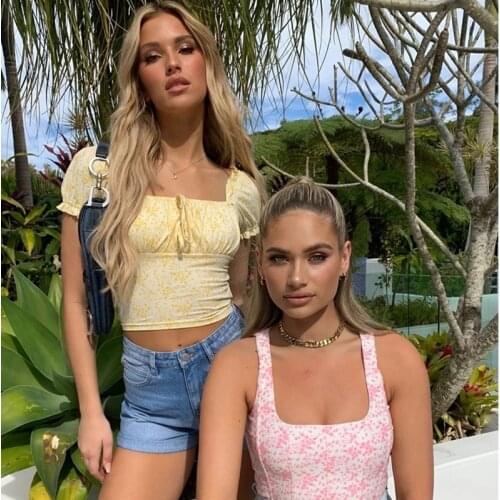 Floral Print Tops Women Crop Tops Summer Autumn Fashion Square Collar Stylish Short Sleeve Jumper Top Ladies Female Shirt