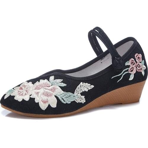 YourSeason Ladies Cotton Fabric Footwear 4cm Heel Wedge Shoes Women Pointed Toe Platforms Vintage Comfort Embroidery Shoes