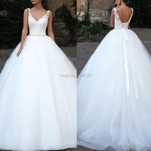 Unique Tulle Ball Gown Wedding Dresses V Neck Sleeveless with Lace Appliques Beading Belt Lace Up Bridal Gowns Sweep Train