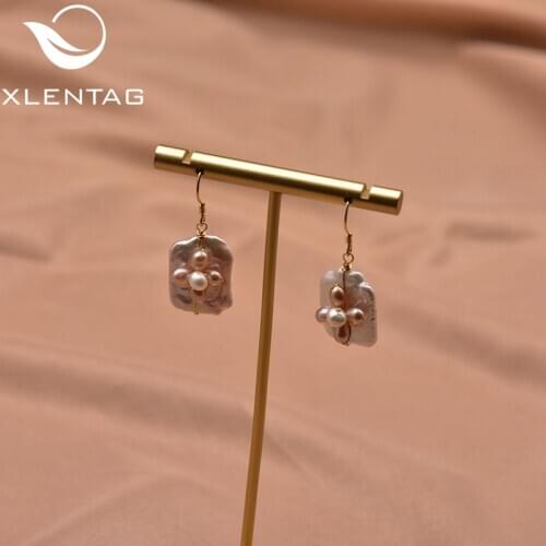 Xlentag Hand Made White Square Natural Baroque Pearl Pink Flower Earrings Female Fashion Fine Jewelry Wedding Party Gift GE1017