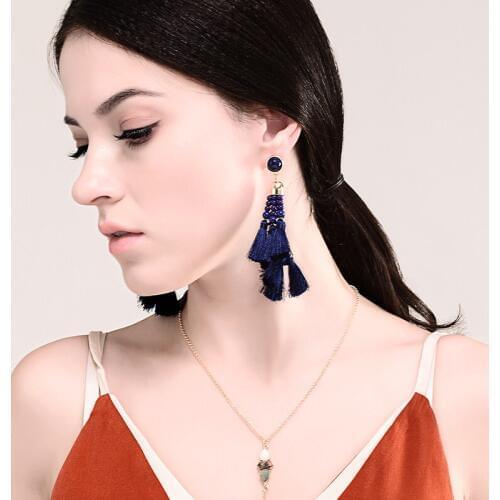 Blue Bead Acrylic Tassel Fringe Earrings 2017 Ethnic Female Online Shopping India Drop Earrings Jewelry