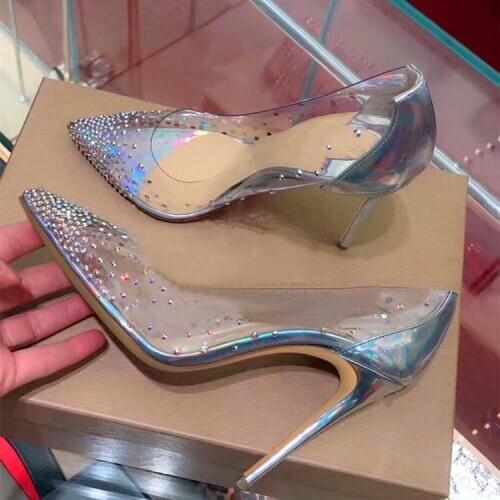Moraima Snc Clear PVC High Heel Shoes Sexy Crystal Embellished Party Wedding Heels Woman Thin Heels Dress Shoe
