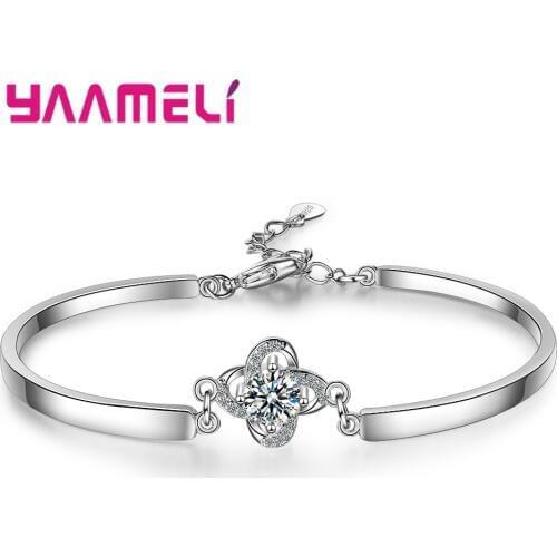 Elegant 925 Sterling Silver Bangles Luxury Brand Flower Design AAAAA Crystal Pendant Water Drop Charm Bracelet Jewelry Accessory