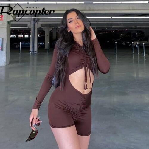 Rapcopter Brown Shirring Playsuits Cut Out Sexy Bodysuits Vintage Long Sleeve Bodycon Women Vintage Jumpsuits Streetwear 2021