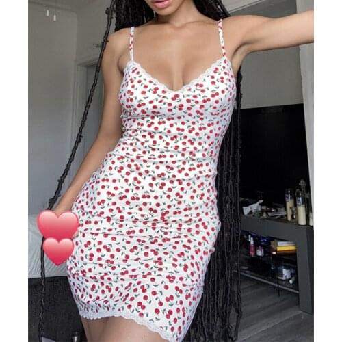 Women Sexy Suspender Summer Short Dress Fashion Lace Cherry Printing Flounce V-neck Tight Bodycon Slim Spaghetti Strap Dress