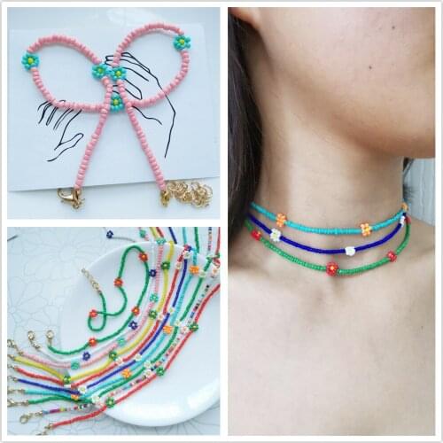 Fashion Bead Flower Link Chain Women Choker Necklace Bohemia Handmade Flower Pendant Bridal Wedding Jewelry Summer Necklace Gift