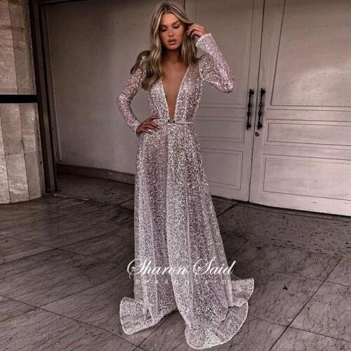 Sexy Plunging V-Neck Ivory Evening Dress Long Sleeve Open Back Women Beach Wedding Party Gowns Luxury Dubai Bridal Prom Dresses
