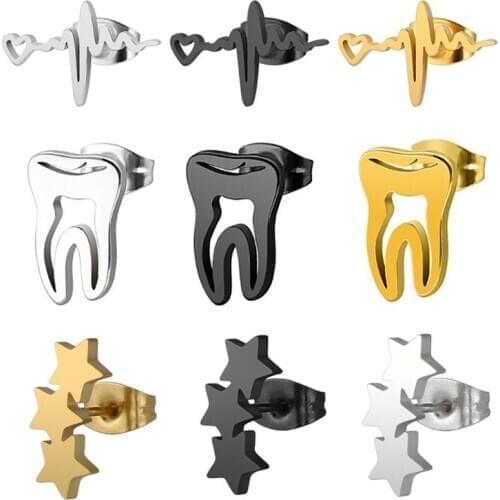 1pair Teeth Ear Stud Earings Set Stainless Steel Gold Hollow Earring Piercing Minimalism Lobe Studs for Woman Body Jewelry Gift