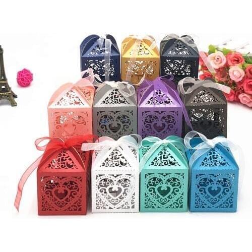 50pcs/set Wedding Favors Heart Candy Box Candy Cookie Gift Bag Paper Box Baby Shower With Ribbon Wedding Party Birthday Supplies