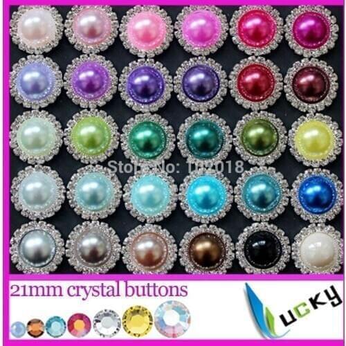 Freeshipping 100pcs/lot 21mm flat back crystal pearl button,Metal rhinestone trim,diamante buttons in Sliver settings