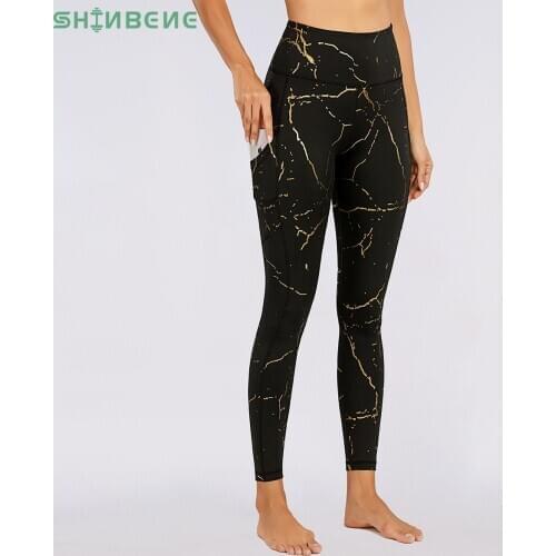SHINBENE Golden Marble Pocket Yoga Pants Gym Fitness Legging Women High Waist Squat Proof Sport Workout Tights with Pocket XS-XL