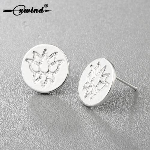 Cxwind Fashion Charm Lotus Flower Stud Earrings For Women Girl Piercing Rund Disc brinco Jewelry Round Engrave Yoga Earrings