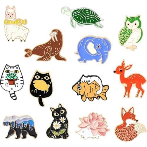 Zoo Animal tattoo Enamel Brooch Polar bear cat hedgehog fox deer fish elephant walrus owl turtle Alpaca Lapel Pin Custom Badge