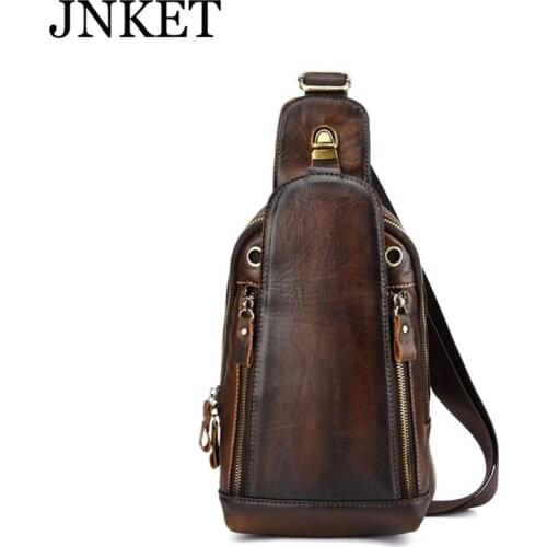 JNKET New Fashion Full Grain Cow Leather Vintage Mens Chest Bag Large Capacity Messenger Bags Casual Sling Crossbody Bag