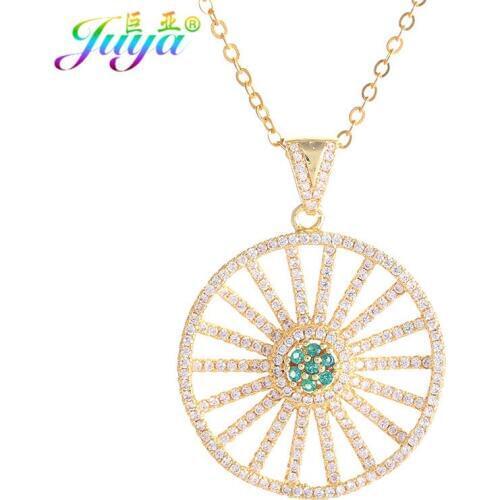 Juya Long Chains Necklace Bijoux Micro Pave Zircon Gold/Rose Gold Round Pendant Necklace For Women Girls Sweater Necklace