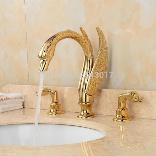Royal Noble Gorgeous Bathroom Swan Faucets 3 pcs Luxury High Quality Golden Brass 3 Holes Bathtub Faucets ZR850