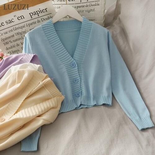 LUZUZI Summer Autumn Knitted Crop Cardigan Female Korean Short Sweater Women Long sleeve V neck Green Blue y2k