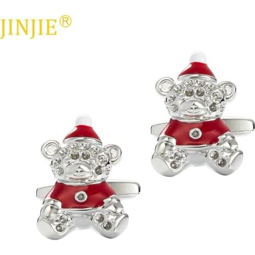 Red Clothes Teddy Bear Cufflinks Silver Color Fashion Novelty Animal Design Copper Crystal Free Shipping Christmas Style Gift