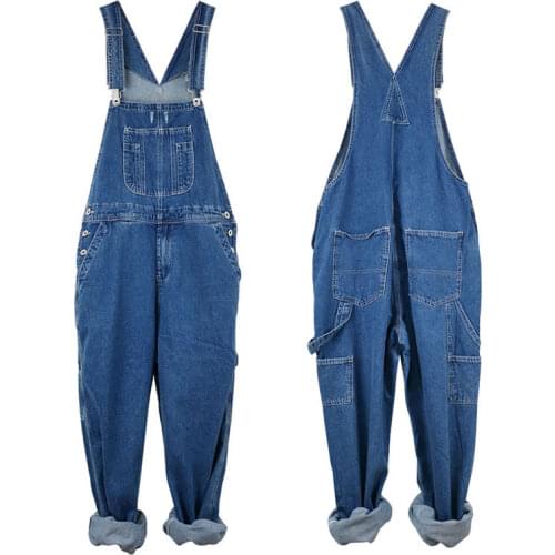 2021 Classic Loose Jeans Bib Men Overalls Denim Jumpsuits Straight Wide Leg Pants Hip Hop Blue Trousers Large Size 28 - 50
