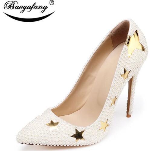 BaoYaFang New Arrival Luxury white Pearl Star fashion shoes Pointed Toe High heels Shoes Woman Ladies Party dress shoes female