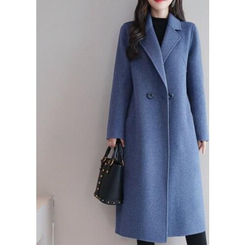 Autumn Womens Coat Long Korean Temperament Slim Office Lady Artificial Wool Jacket Elegant Wool Blends Trench Overcoat Female