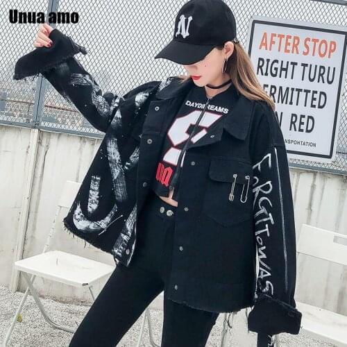 Unua amo New Hip-hop Graffiti Print Black Jean Jackets Women Fashion Loose Wild Streetwear Frayed Fringe Denim Jacket Coat