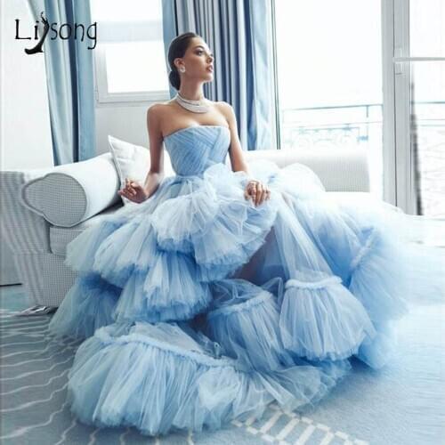 Puffy Sky Blue Ruffles Tiered Tutu Prom Dresses Off The Shoulder Long Prom Gowns Fashion Formal Dress Ball Gowns