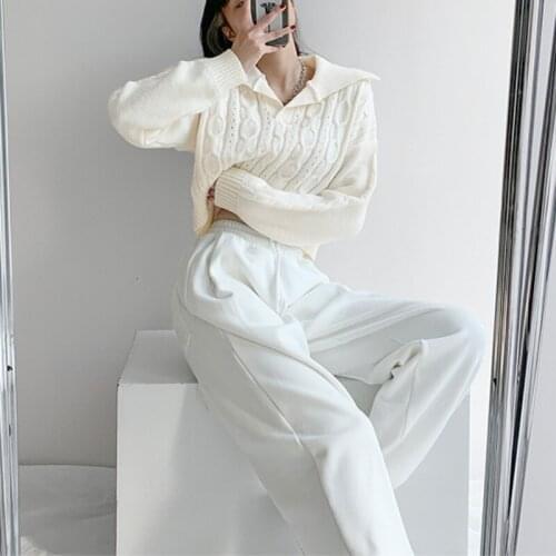 TVVOVVIN Lapel Long Sleeve Loose Hollow Out Short Sweater For Women Korean Casual Knitting Twist Pullover Tops Md2d