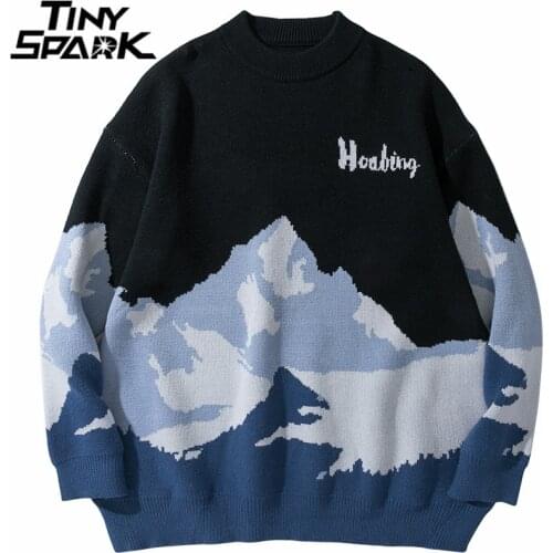 Hip Hop Streetwear Knitted Sweater Vintage Retro Snow Letter Print Sweater 2021 Men Autumn Harajuku Cotton Pullover Sweater