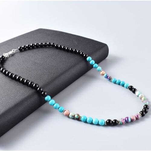 Unique Mens Jewelry 6mm Natural Stone Mix Black Onyx Beads Chains Necklace For Men Gift Handmade