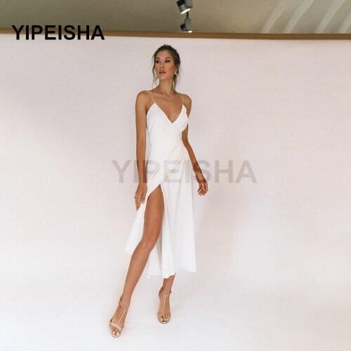 Sexy V-Neck Spaghetti Strap Evening Dresses Backless Front High Split Tea-Length Simple Prom Party Gown robes de soirée vestidos