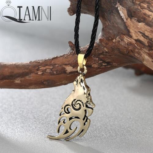 QIAMNI Vintage Punk Vikings Valknut Amulet Pendant Necklace Men Norse Wolf Head Men Talisman Jewelry Rope Chain Choker Gift