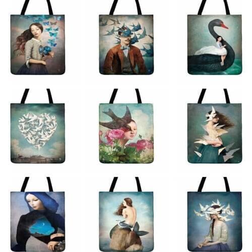 Fairy Girl Oil Painting Printed Tote Bag Women Casual Totes Ladies Shoulder Bag Fashion Foldable Shopping Bag Outdoor Beach Bag