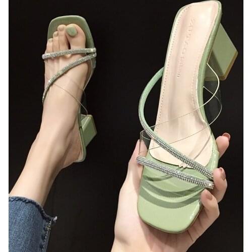 Women sandals PU Slip On 7CM Thick heel High heels Square Toe Rhinestones Bling Shallow sandal for women shoes size 35-42