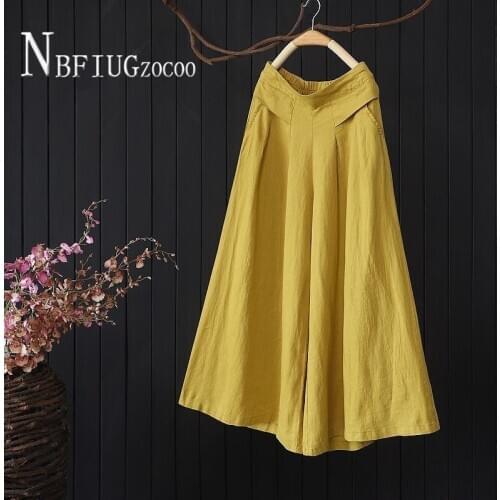 Cotton Linen Solid Elastic Waist Women Pants Casual Harajuku Ankle Length Trousers