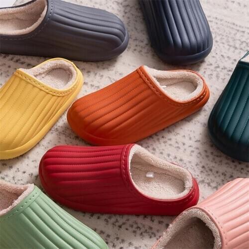 Womens Waterproof Slippers EVA Plush Cotton Slippers Mens Thick-Soled Winter Indoor Non-Slip Slides Couples Light House Shoes