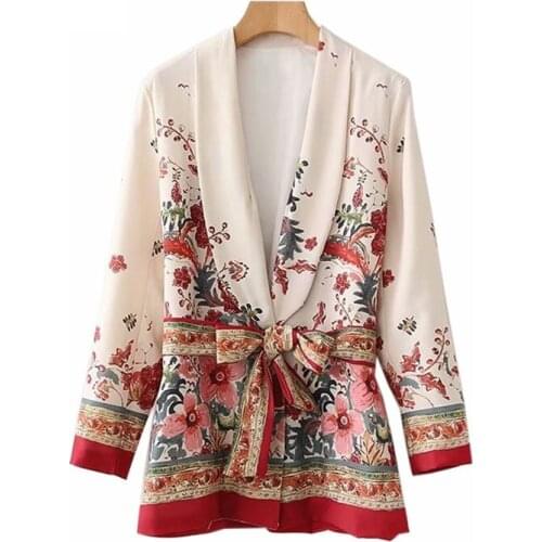 Spring Fashion New Women Long Sleeve Floral Print Loose Bandage Jacket Blazer Elegant Flower Casual High Street Outwear Coat