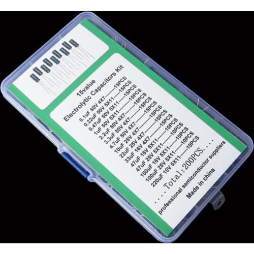 15values 200pcs Electrolytic Capacitor Organization Storage 0.1-220uF Capacitors Assortment Box Kit