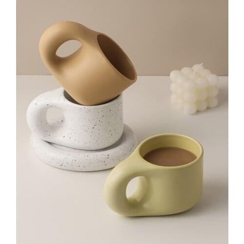 300ml Ceramic Cup Fat Handle Mug and Oval Plate Personalized Ceramic Cup Saucer For Coffee Tea Milk Cake Nordic Home Decor