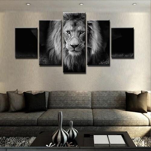 5 Pieces Wall Art Canvas Painting Animal Poster Lion In Black And White Abstract Oil Paintings Canvas Pictures For Living Room