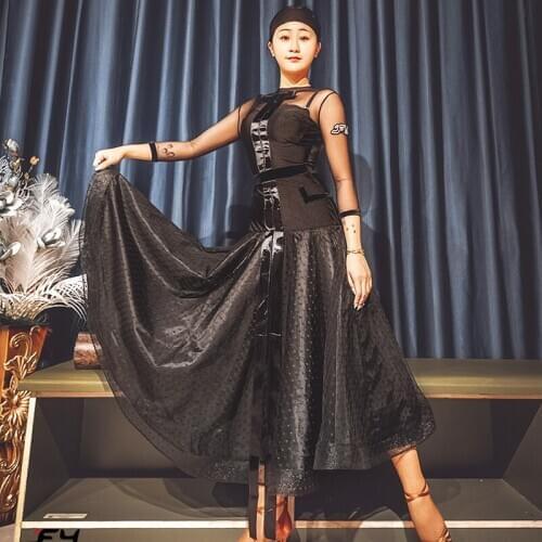Ballroom Dance Dress Female Adult Modern Mesh Black Long Dress Waltz Dance Wear Tango Performance Clothing Stage Costume VDB2801