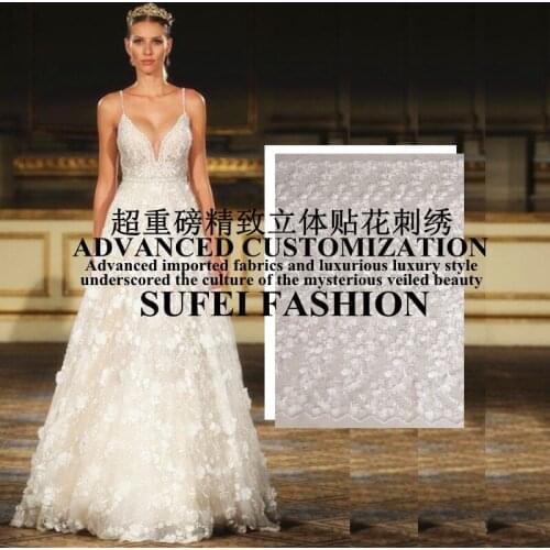 120cm wide white floral embroideried appique polyester net lace wedding dress cheongsam fabric S176