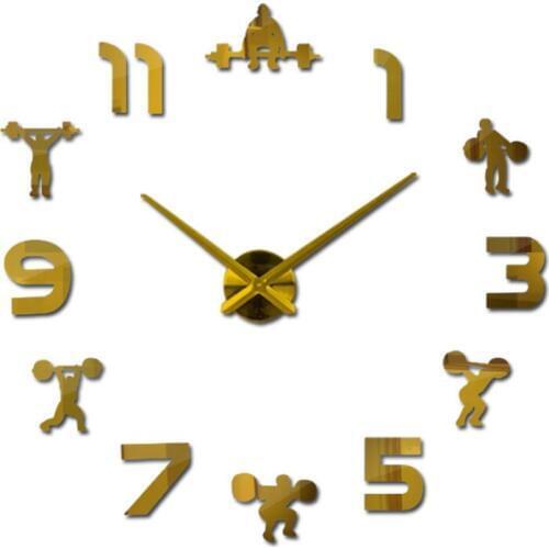 DIY Large Wall Clock Weightlifting Fitness 3D Art Mirror Tooth Diy Wall Clock Big Mirror Wall Sticker Martial Arts Clock
