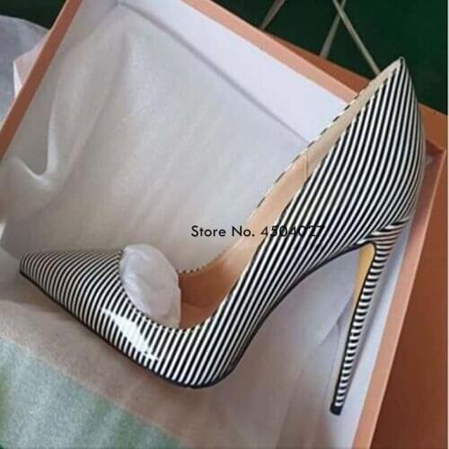 Black White Stripes Stiletto Heel Shoes Pointed Toe Patent Leather Pumps Pointed Toe Shallow Patchwork Dress Pumps