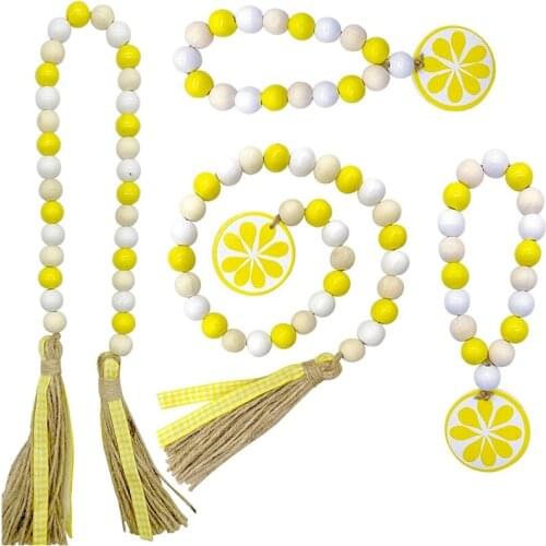 Farmhouse Lemon Decor Lemon Wood Bead Garland-Summer Farmhouse Rustic Beads with Jute Tassels 4 Pieces